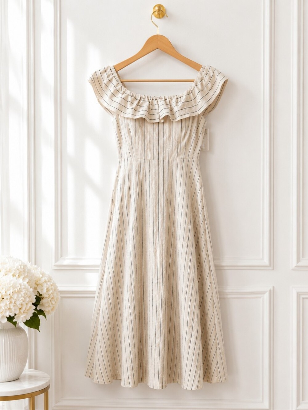NWT Ann Taylor Navy Pinstripe Midi Dress Size 4|Off-Shoulder Ruffle Fit & Flare - Picture 6 of 9